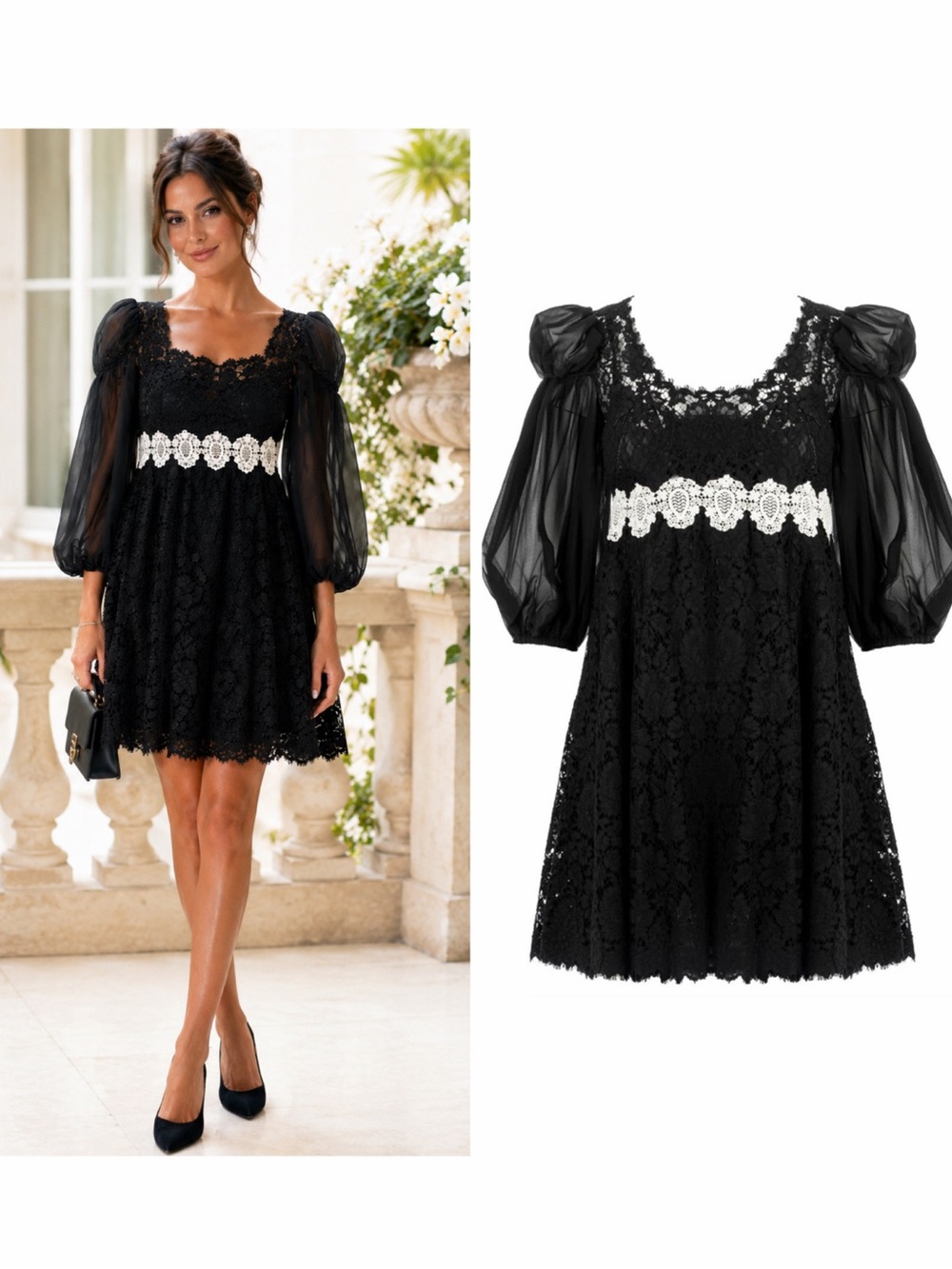 Dolce & Gabbana Black Lace Dress Puff Sleeve Empire Waist 8 Cocktail NWT 🟡